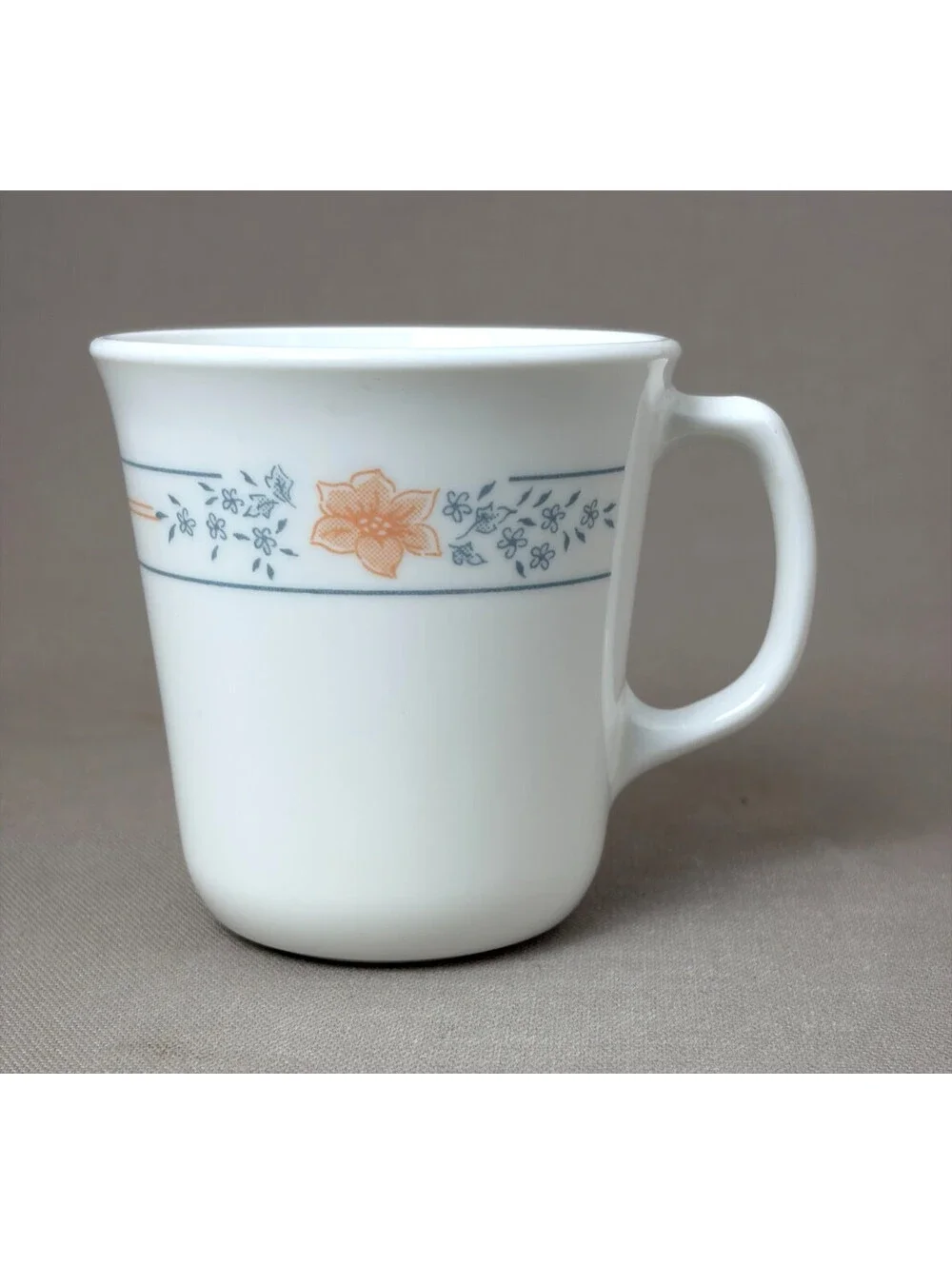 Vintage Corning Ware Corelle Peach Floral Mug Blue Band Milk Glass USA 8oz